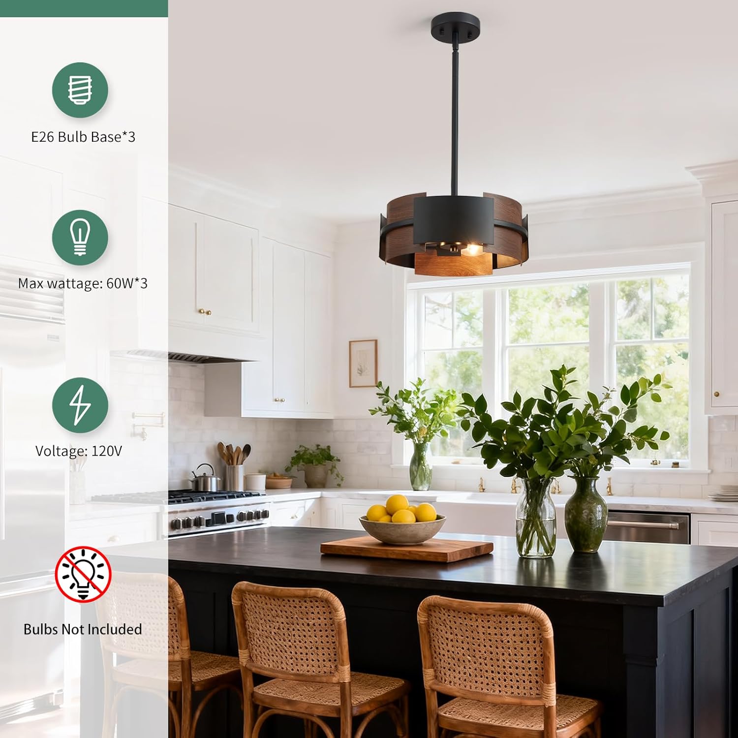 Farmhouse Chandelier 13“ Small Ceiling Light 3-Light Height Adjustable Round Pendant Lighting Fixture Black and Faux-Walnut Finish for Dining Room Kitchen Foyer Hallyway Corridor