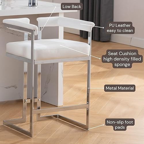 Miniatura 4 de DUOMAY Juego de 2 taburetes de bar modernos, taburete de 26 pulgadas de altura de mostrador con acabado cromado, silla de cocina tapizada de piel