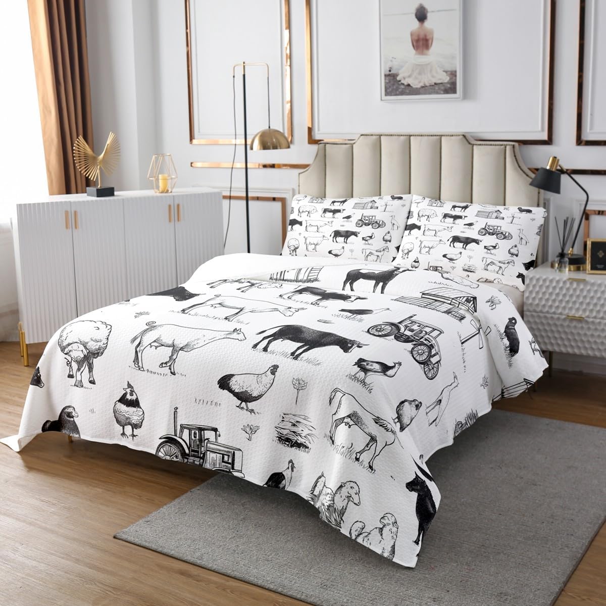 Erosebridal Farm Quilt Set Garden Windmill Bedspread Set Lodge Cabin Cottage Coverlet Set King,Barn House Toddler Quilted Country Cartoon Farm Animals Farm Truck Rustic Home Decor