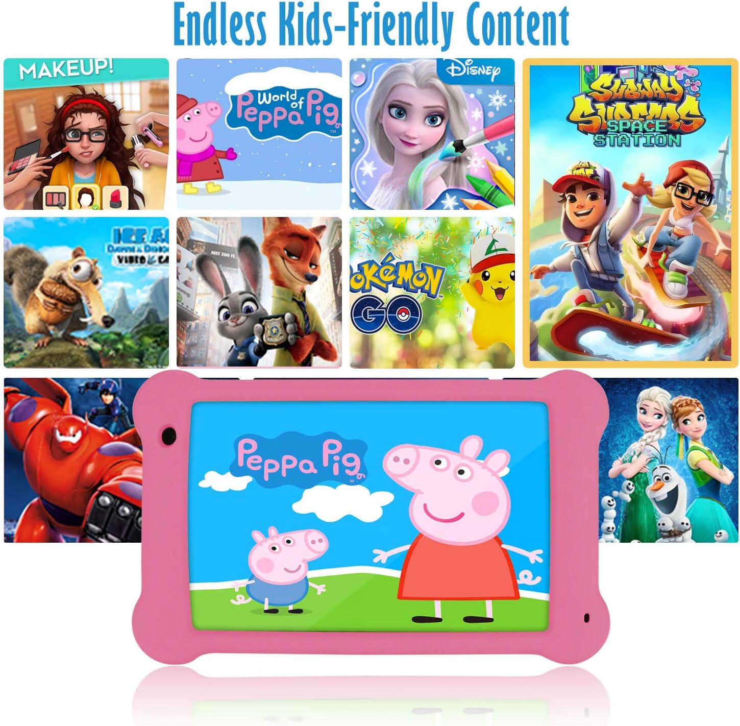 Surfans K7 Kids Tablet displaying popular children's characters like Peppa Pig and Elsa, indicating access to kid-friendly content.