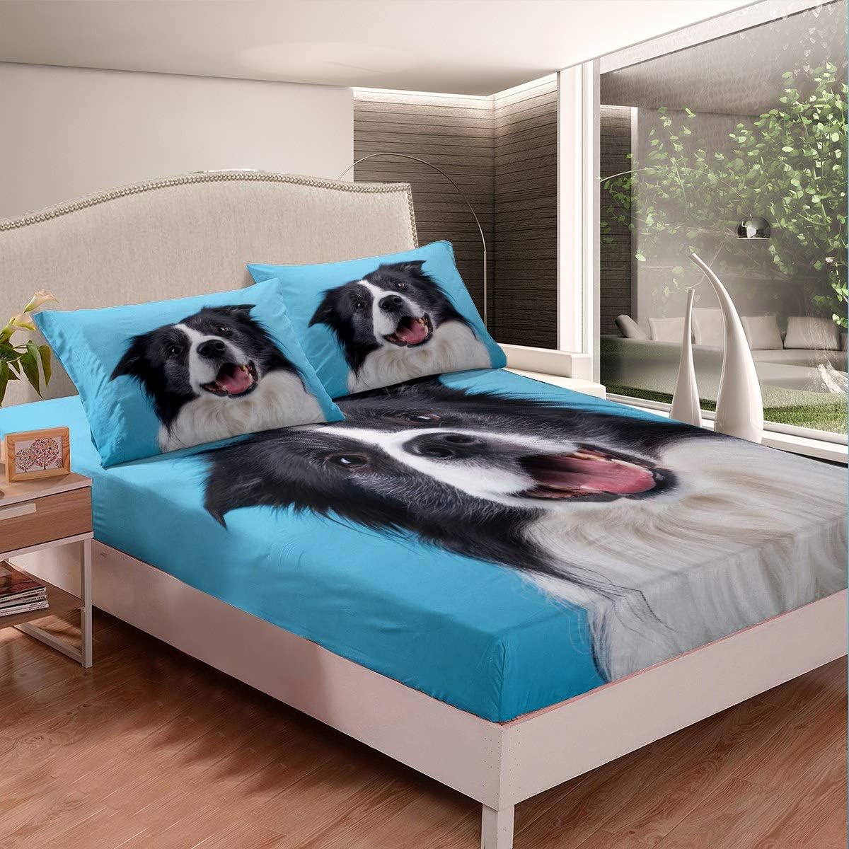 Feelyou 3D Dog Sheets Cute Border Collie Printed Bed Sheet Set Puppy Bedding Set for Kids Boys Girls Animal Theme Fitted Sheet Bedroom Collection 3Pcs Queen Size
