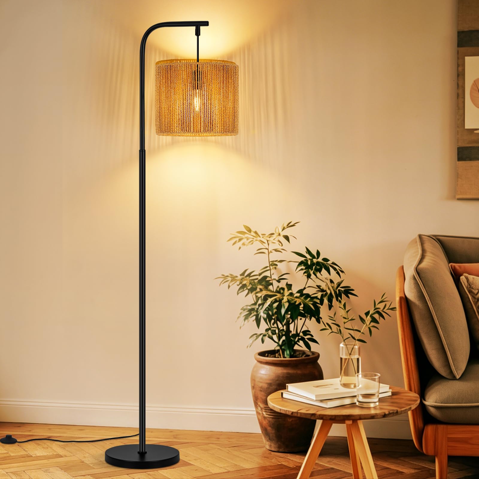 Stehlampe Rattan Boho Stehleuchte Stehlampe Wohnzimmer E27 | Standleuchte Vintage 1 Flammig 164cm Standlampe Schwarz Fußschalter Für Schlafzimmer Terrasse Büro