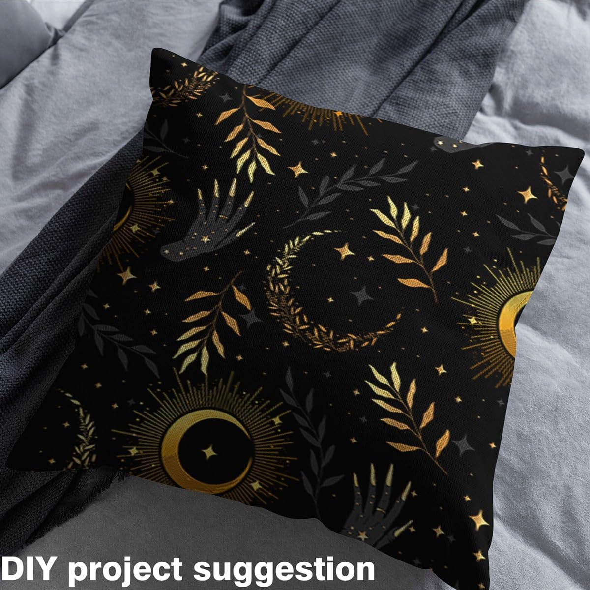 Gothic Print Fabric by The Yard,Moon Starry Sky Golden Print Sewing Fabric for Upholstery and Home DIY Projects,Galaxy Plant Dreamy Black Decorative Waterproof Outdoor Fabric,3 Yards