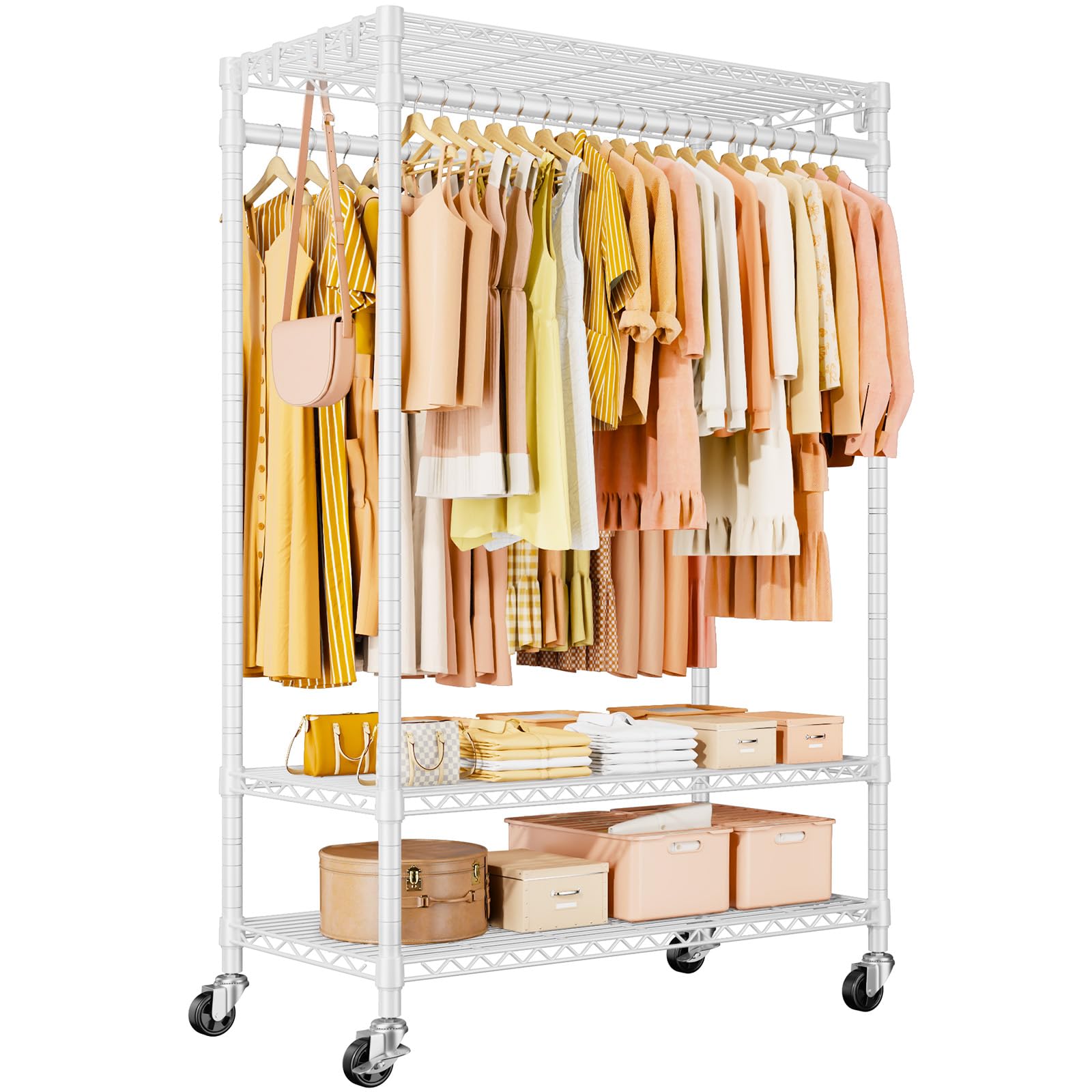 P7 Rolling Clothes Rack, Clothing Racks for Hanging Clothes, Heavy Duty Garment Rack with Wheels, 3 Tiers Freestanding Portable Closet Rack 45''W × 20.5''D × 80.5''H, Max Load 480 lbs, White