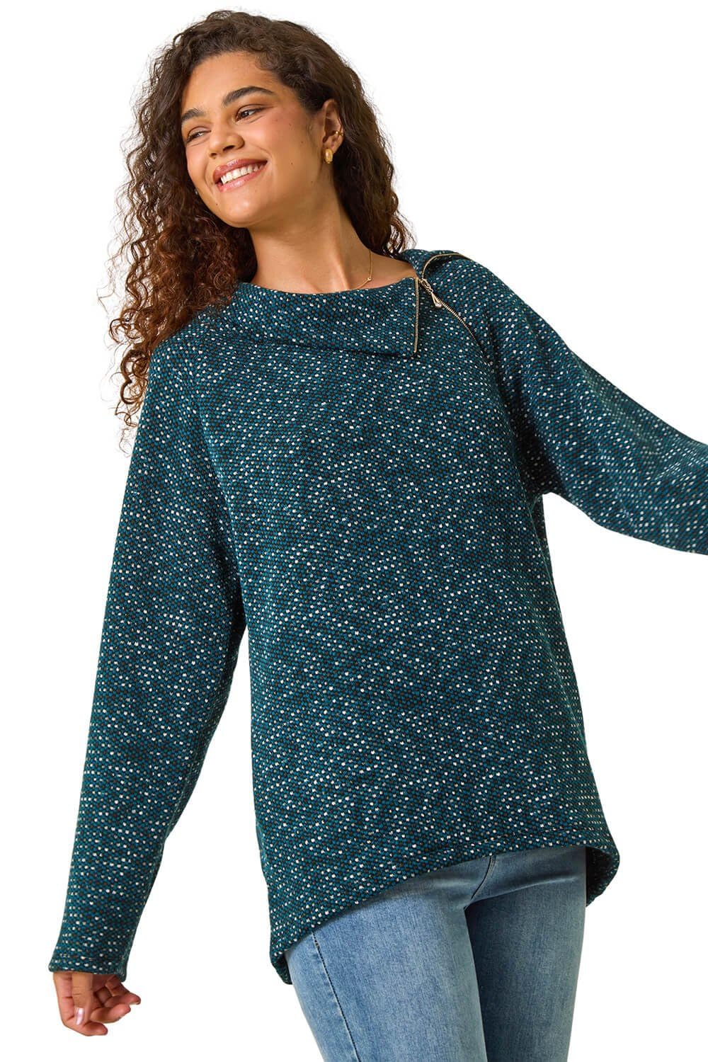 Roman Originals Women's Teal Side Split Zip Detail Tunic Top - Spring Everyday Summer Daywear Open Neckline Knitted Zip Fastened Comfy Long Sleeves Jumpers - Size L