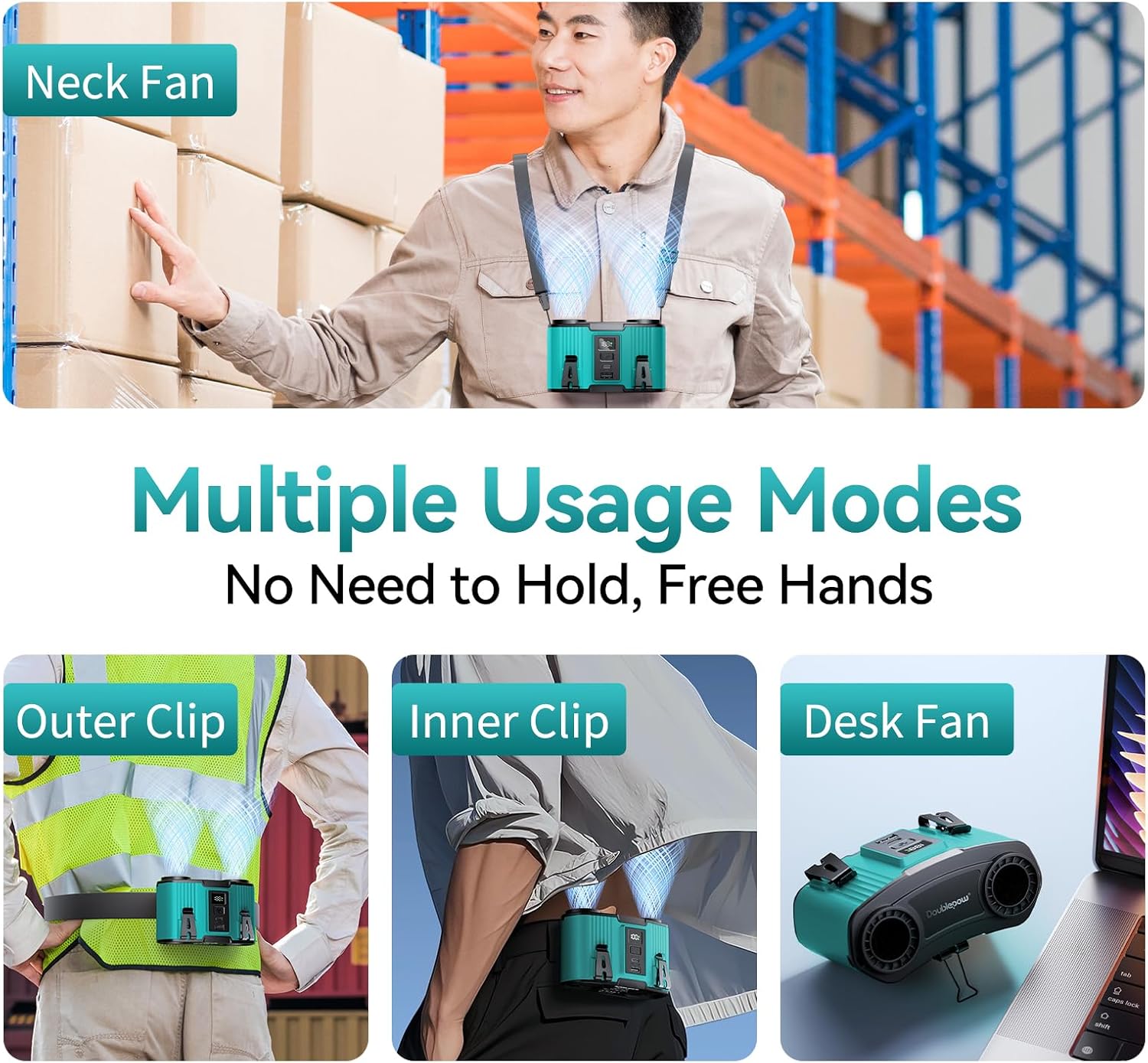 Doublepow 12000mAh Portable Waist Fan, Personal Waist Fan, Dual Air Ducts Motors, USB Rechargeable Clip On Belt for Working, 10 Speeds & 23H Wearable Neck Cooling, for Outdoor, Work, Travel (Blue) thumbnail