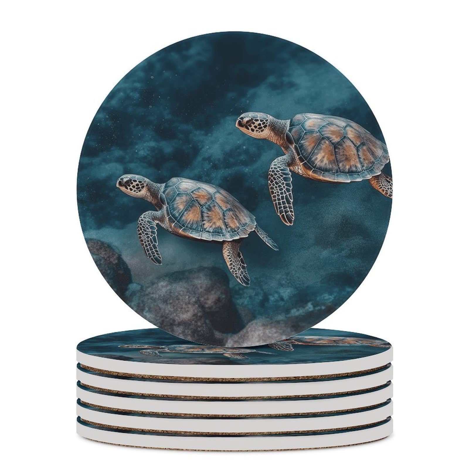 Turtle Swimming in The Sea Coaster with Cork Base Drink Coasters for Coffee Table Decor Modern Cup Coasters with Non-Slip & Heat-Resistant Cute Ceramic Table Coaster for Home Dining