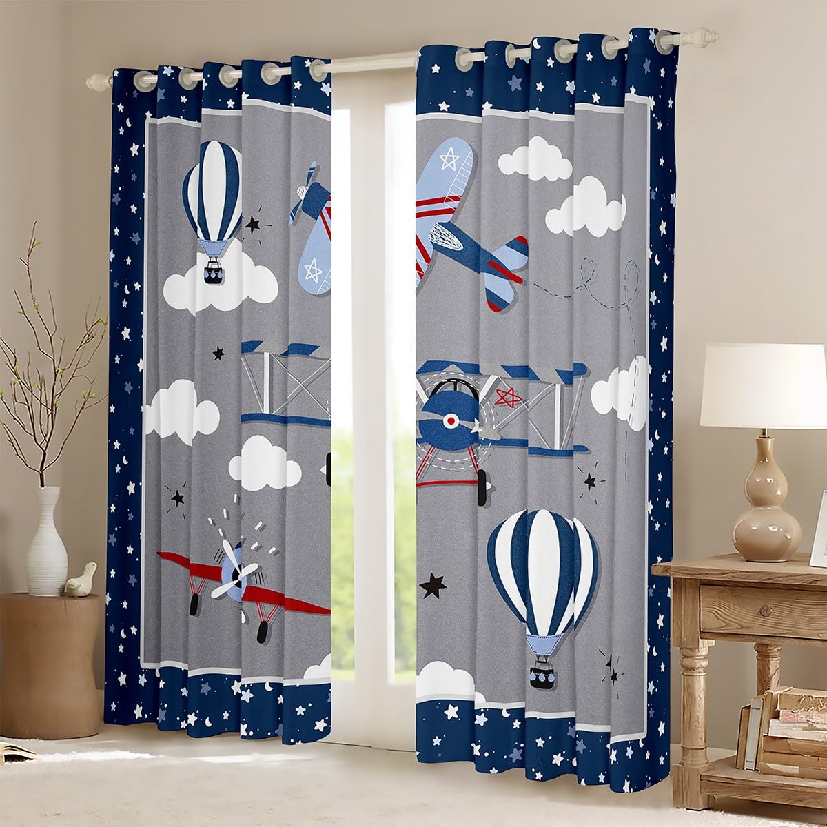 Kids Cartoon Airplane Window Curtain Navy Stripes Hot Air Balloon Aircraft Curtains Boys Teens Room Decor Cloud Starry Moon Window Treatment Curtain Chic Grey Window Drapes,Top 2 Panel,42Wx84L
