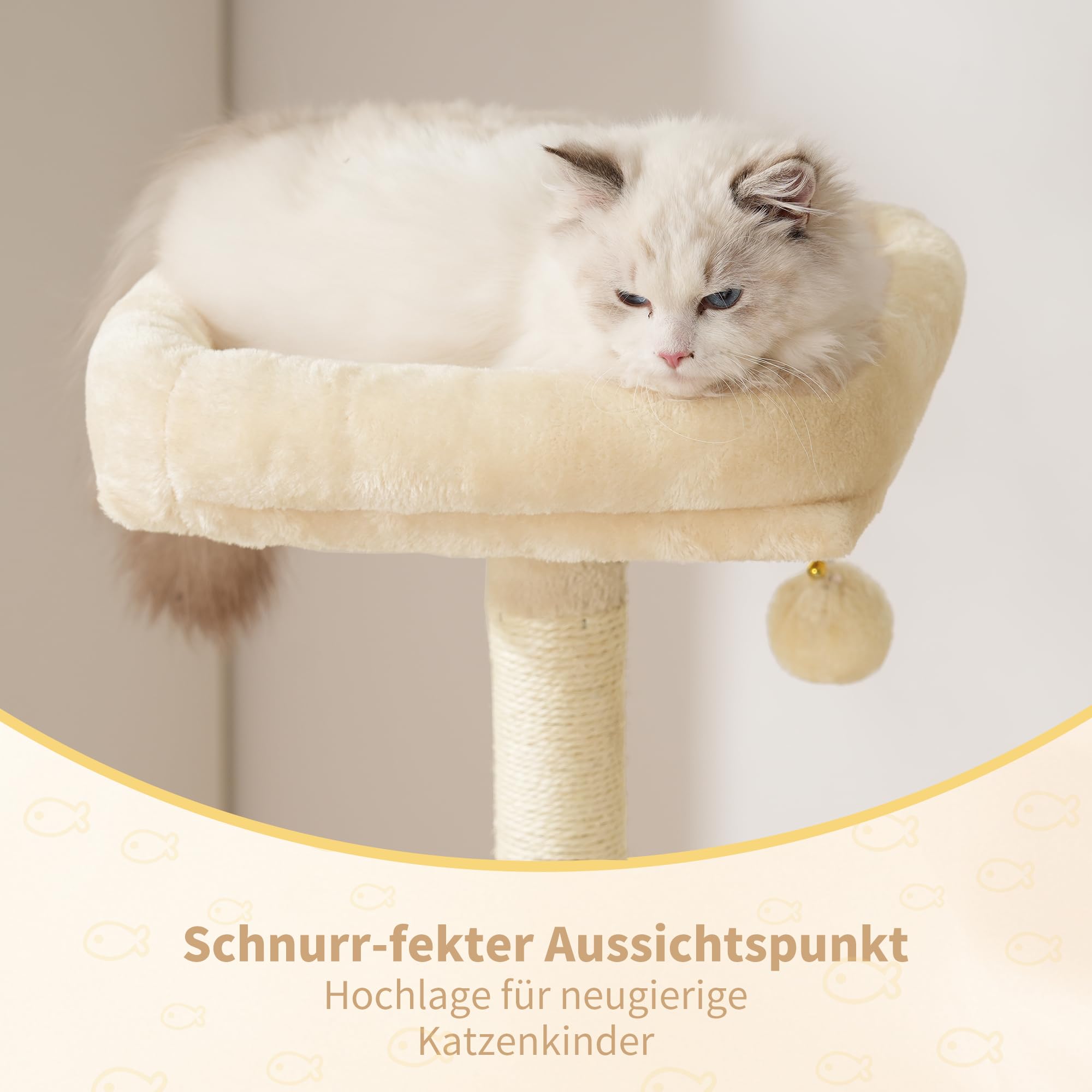 Heybly Kratzbaum, 125 cm Kleiner Katzenbaum, Geräumiges und Bequemes Kratzbaum mit Höhle, Oben Sitzstange, Sprungplattform, Kratzsäule, Korb, Stabile Metallrohre, Beige HCT200SM