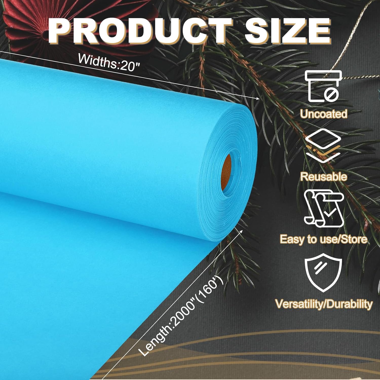 PATIKIL Wrapping Paper, 20"x2000"(160') Bulletin Board Paper Roll Kraft Paper Roll Construction 80GSM for Shipping Packing Gift Wrapping Craft Flower Bouquet Christmas, Light Blue