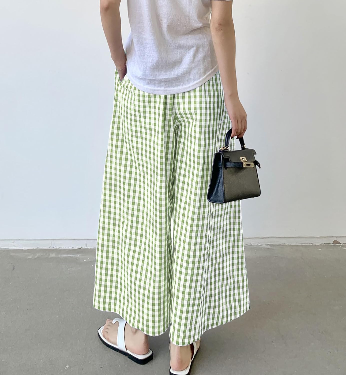 chouyatou Women's Plaid Wide Leg Culotte Pants Gingham High Elastic Waisted Cropped Palazzo Pants with Pockets - Image 2