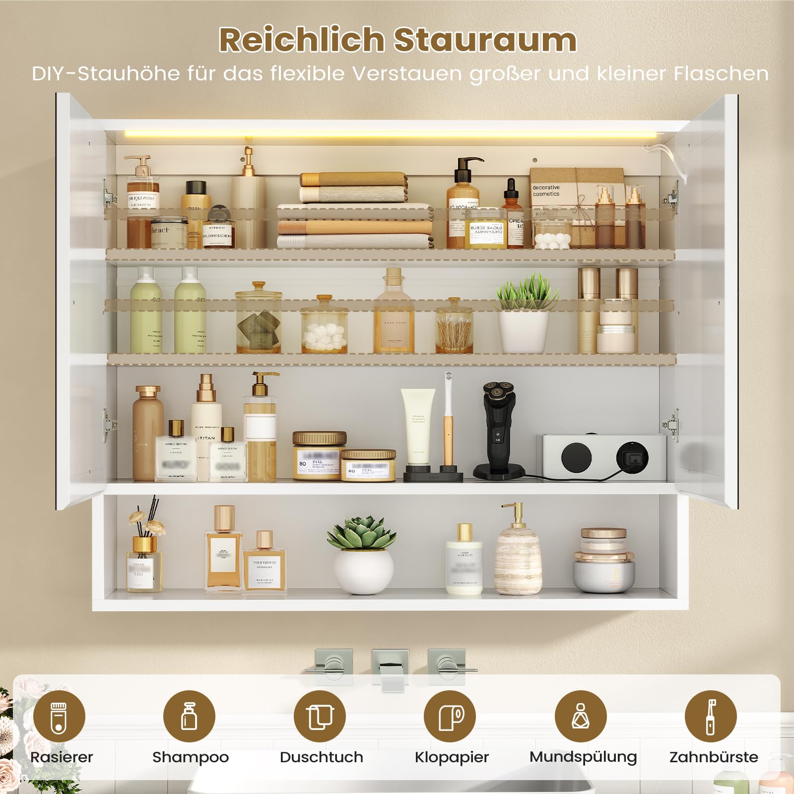Spiegelschrank Bad mit LED-Beleuchtung und Steckdose 80 cm Breit | Doppeltür Badschrank mit HD Spiegel, Verstellbaren Ablagen, Offenes Regal, Badezimmerschrank, Wandschrank 80 x 19,5 x 75.5 cm