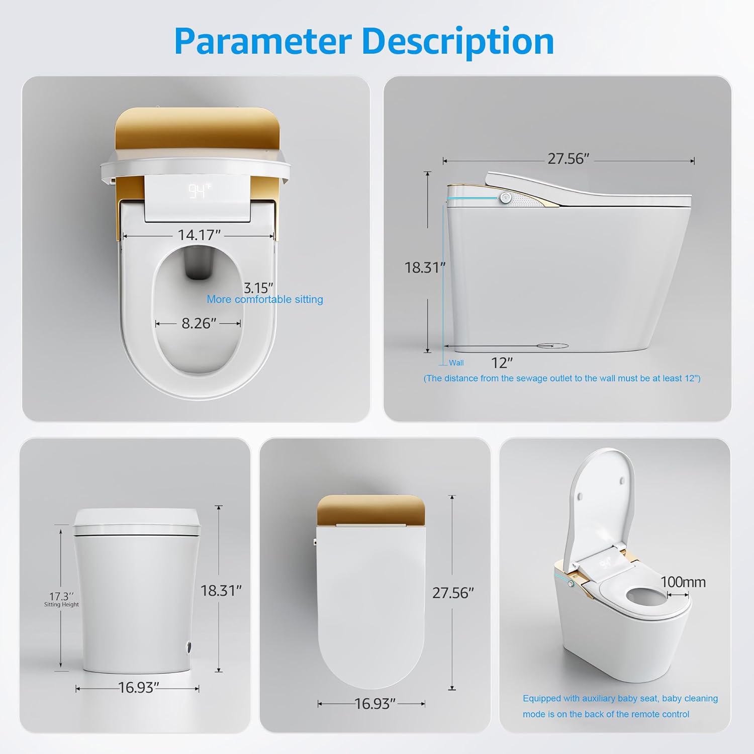 Technical drawings showing the dimensions of the Loniko K1 Smart Bidet Toilet from various angles.