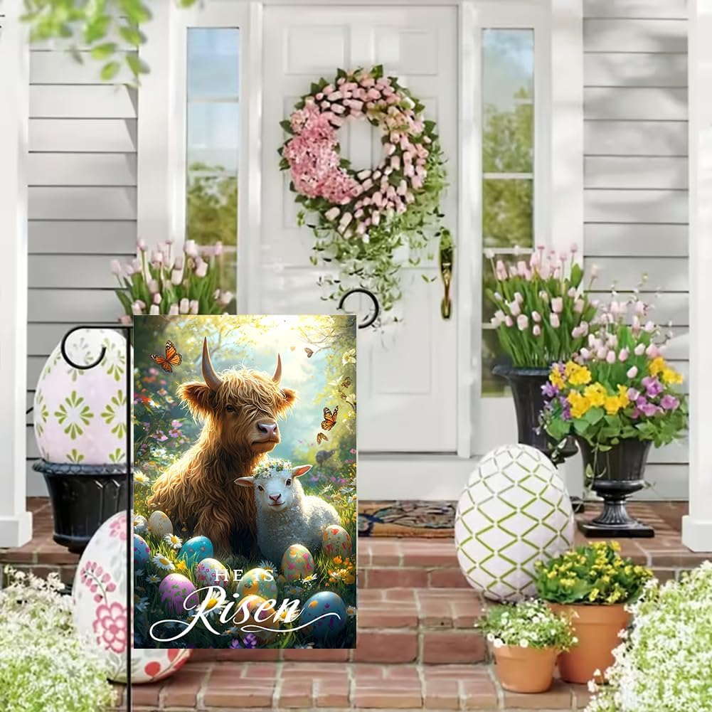 He is Risen Easter Garden Flags for Outside 12x18 Double Sided, Small Burlap Farmhouse Spring Floral Highland Cow Lamb Garden Flag Easter Decorations Outdoor Yard Lawn Porch Flags - Image 2