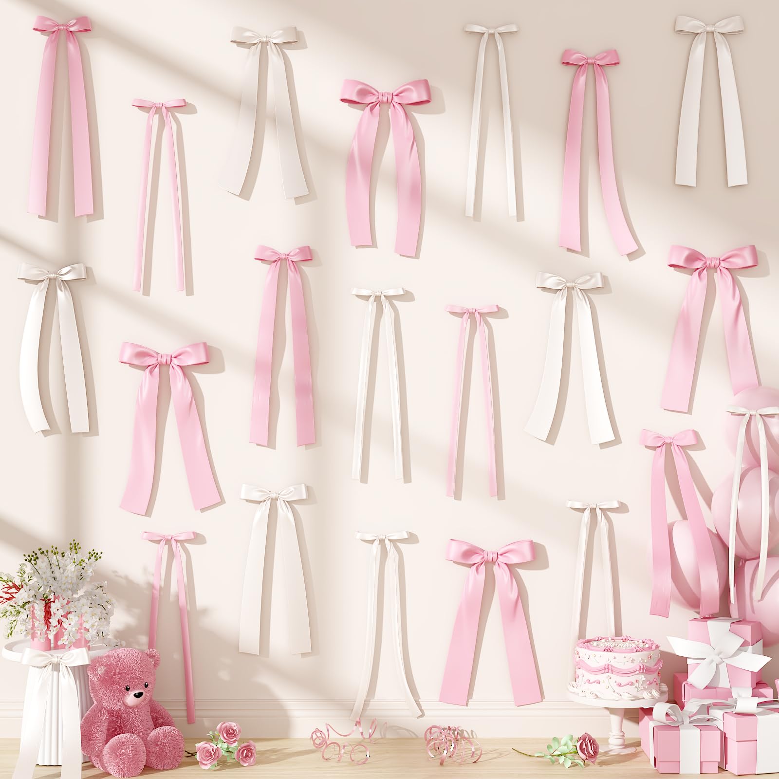 Pink White Bow Wall Decor, 40Pcs White Pink Bow Birthday Decorations, DIY Ribbon Satin Bows Photo Backdrop for Women Girl Coquette Wall Bachelorette Baby Bridal Shower Room Bedroom Wedding Party Decor — image 1