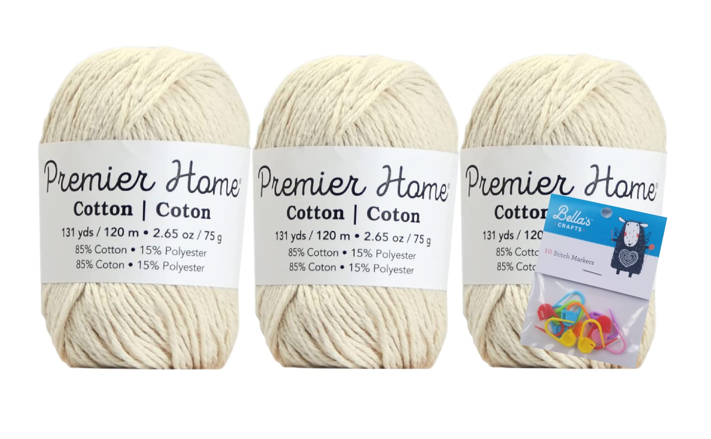 Premier Home Cotton Yarn 3-Pack - 2.65 Oz - Medium 4 - Bundle with Bella's Crafts Stitch Markers (Cream)