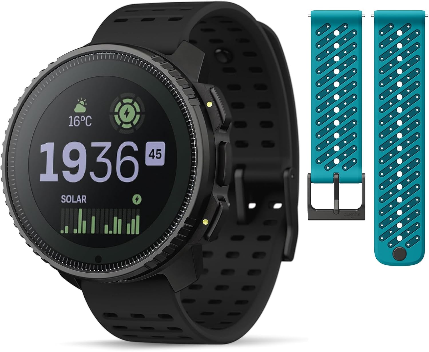 SUUNTO Vertical Adventure GPS Watch w/Offline Maps Steel Solar Black & SUUNTO 22 ATH8 Silicone Strap Wave Blue S+M