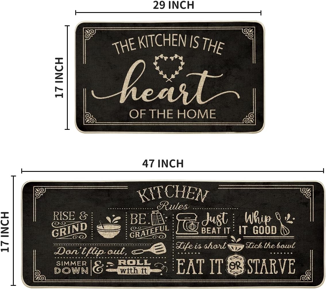 Artoid Mode Black Cooking Sets Kitchen Mats Set of 2, Seasonal The Kitchen is The Heart of The Home Holiday Party Low-Profile Floor Mat for Home Kitchen - 17x29 and 17x47 Inch