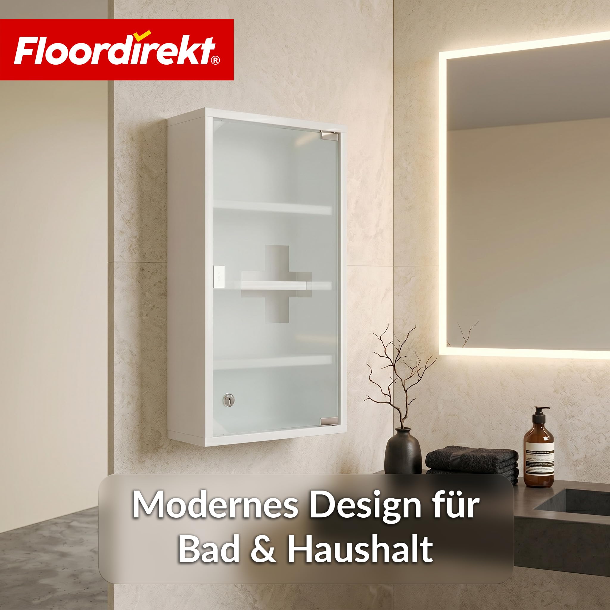 Floordirekt Medizinschrank Weiß 60x30cm - 4 Fächer – Abschließbarer Arzneischrank mit Milchglastür, Edelstahl oder Metall weiß, Medikamentenschrank für Bad, Küche & Praxis, Allen