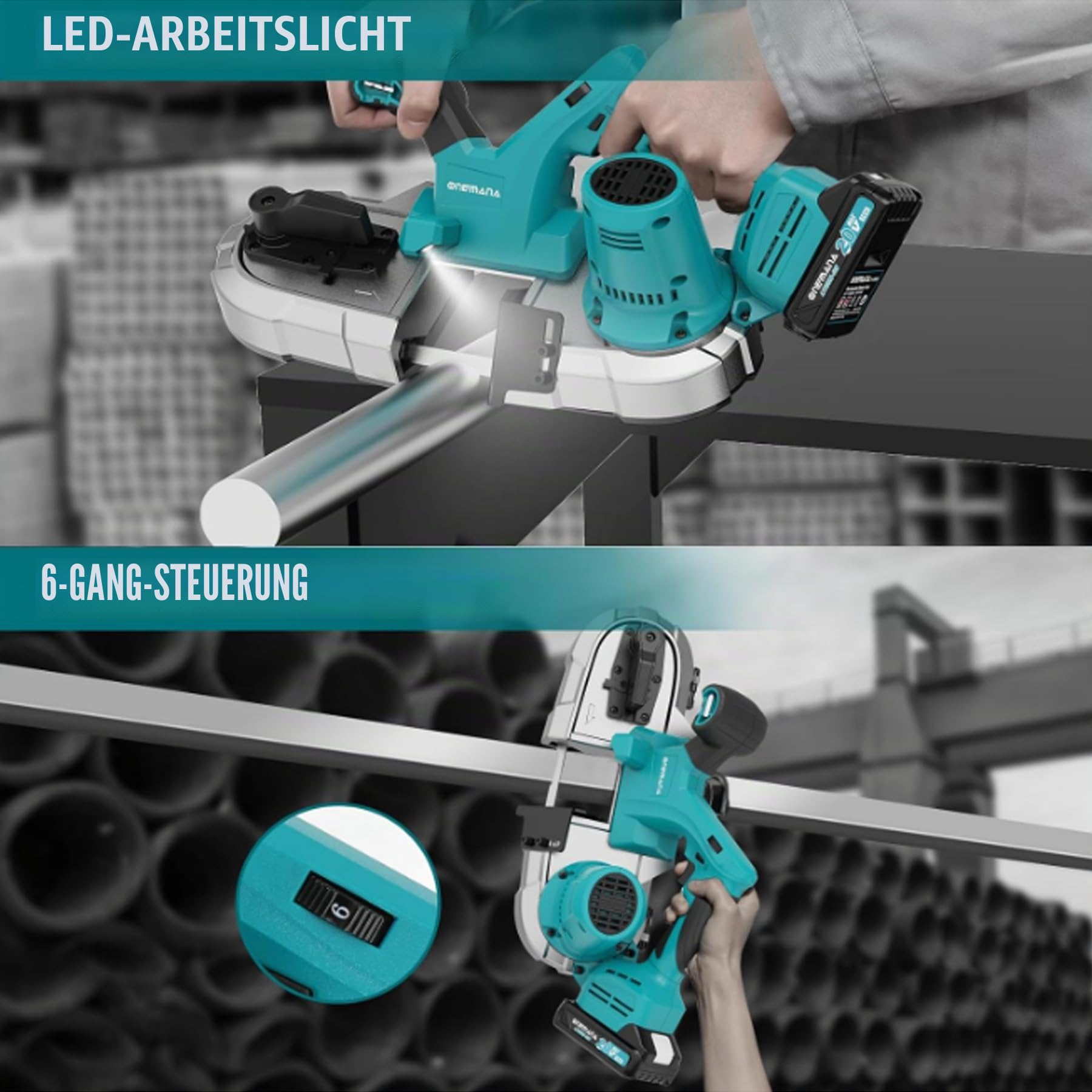 Akku-Bandsäge, 20V bürstenlose tragbare Bandsäge, 6,35 cm Schnitttiefe Metallbandsäge, 6-Gang-Bandsäge zum Schneiden von Metall, Holz, Rohren und Leitungen (nur Werkzeug)