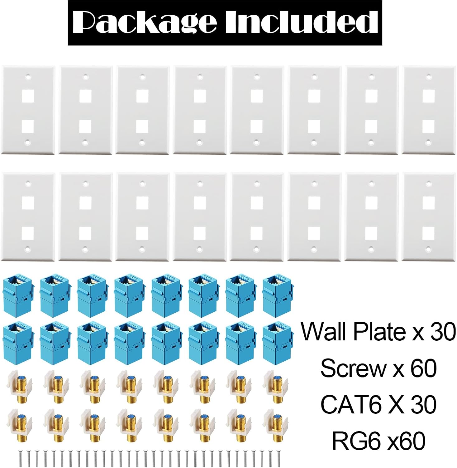Weewooday 30 Pieces Cat 6 Ethernet Wall Plates, Cat 6 Coax Wall Plate with Ethernet Port and Gold-plated TV Coax F-type Port (Blue)