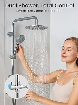 CROWNSHOP Round Shower Set Twin Head Rainfall Riser Rail Handheld Kit