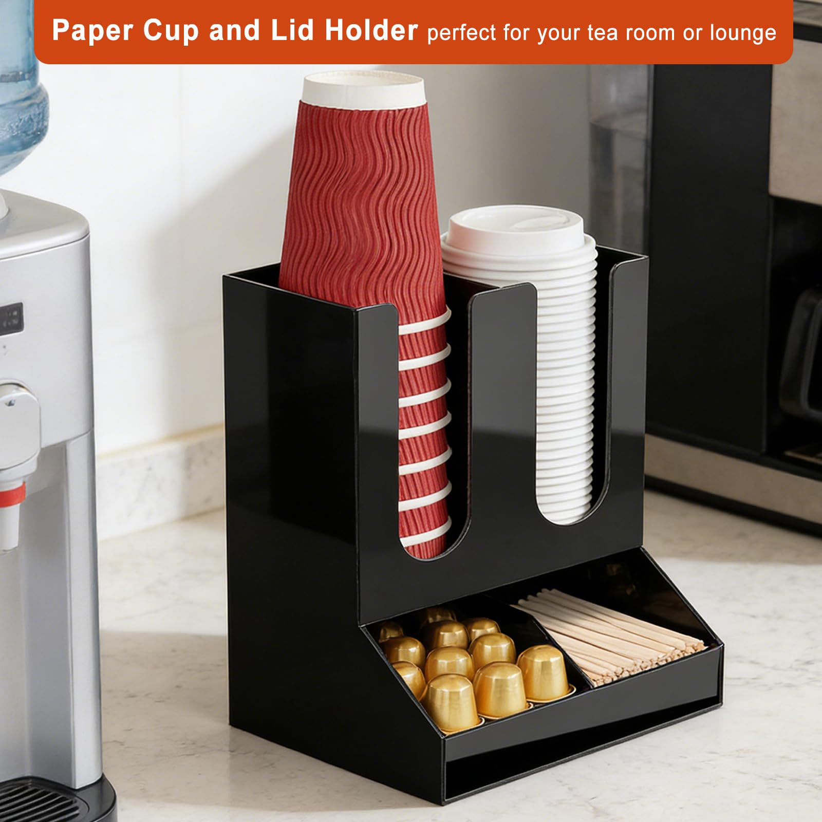 MYITYARD Porta tazze da caffè per piano di lavoro, dispenser per tazze e coperchio, con 4 scomparti, organizer per stazioni di caffè, accessori per bar, per casa, cucina, ufficio e sala pausa