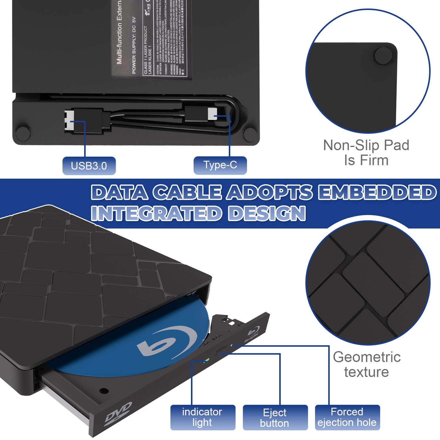Lettore Blu-ray Esterno USB 3.0 E Tipo-C - Portatile, Per DVD/BD, Windows 7/8/10/11 - Foto 3