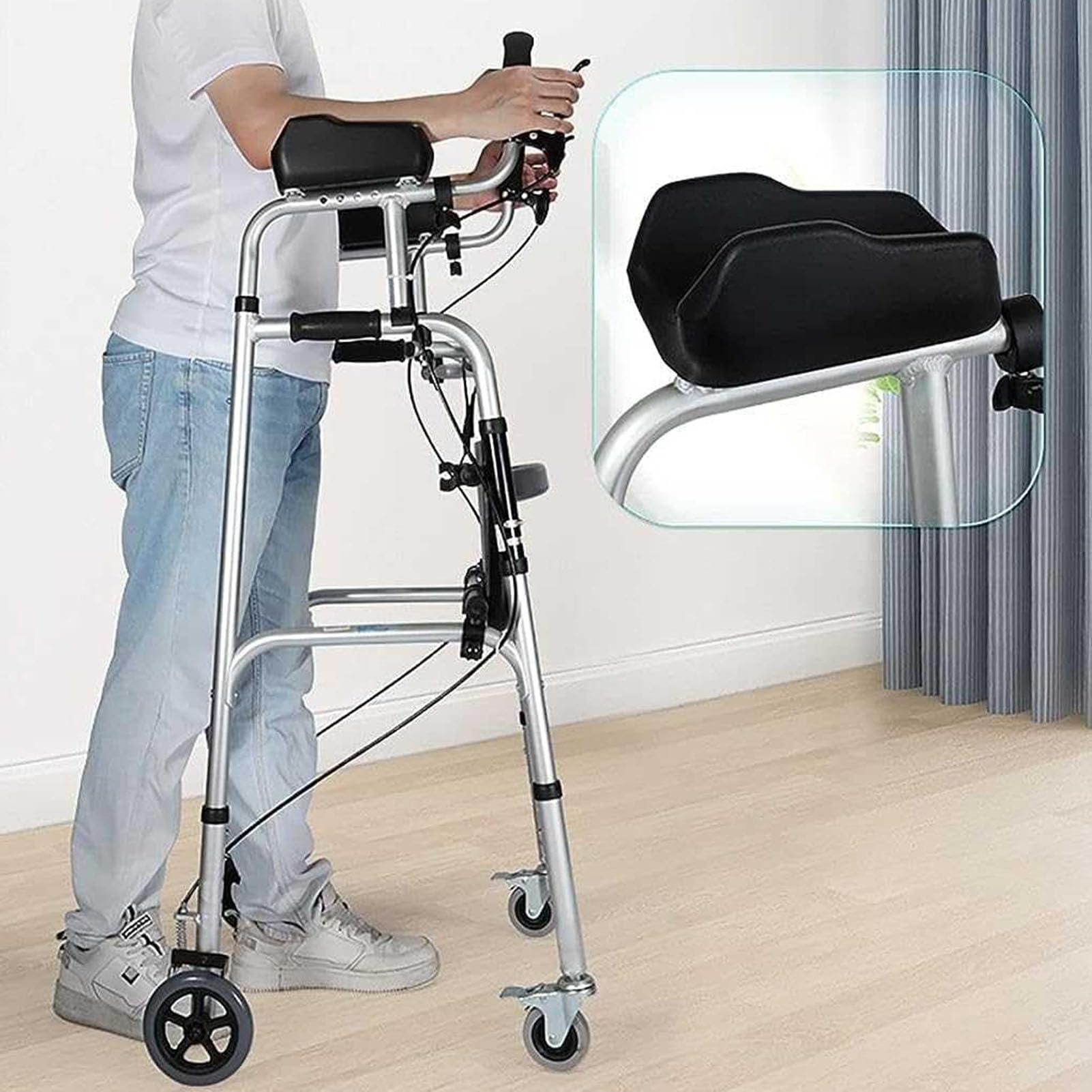 Chodzik z podparciem podłokietnika, składany chodzik 4-kołowy, aluminiowa rama rehabilitacyjna do chodzenia,Silver