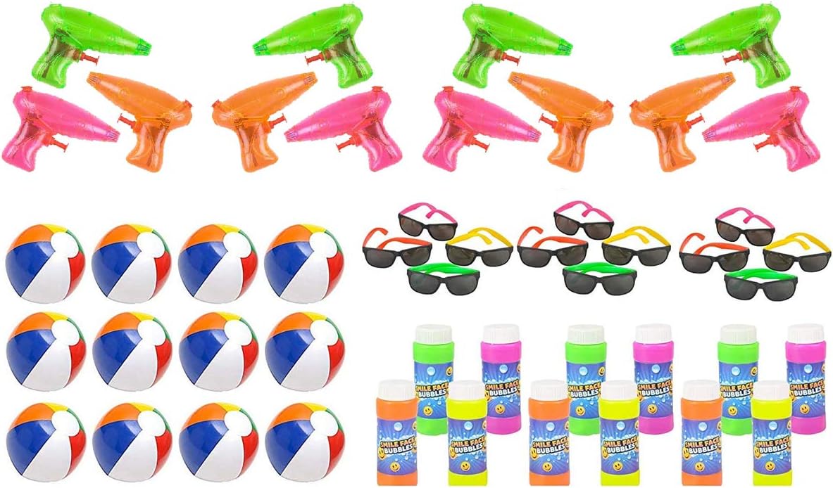 Vlish Pool and Beach Party Favors Mega Bundle - Outdoor Summer Fun Water Toys Bulk Pack - 48 Kid Toys Included. Beach Balls, Squirt Guns, Bubbles and Childrens Sunglasses