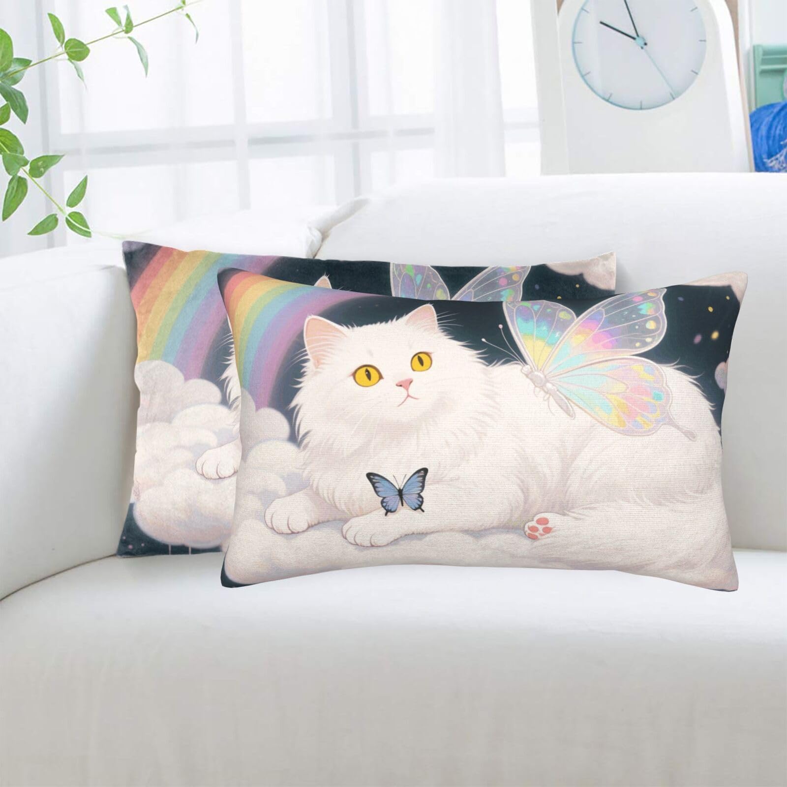 2 Pack Standard Pillowcases Sets, Ultra Soft Comfort Microfiber Plush Pillow Cases Cat Butterfly Decorative Throw Pillow Cover with Hidden Zipper for Bedroom, Sofa, Couch,16"X24"