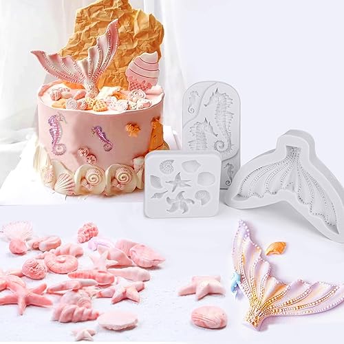 Miniatura 6 de Beasea Molde de fondant para pastel de sirena, 3 piezas de caballito de mar, estrella de mar, cola de sirena, molde de silicona para conchas de