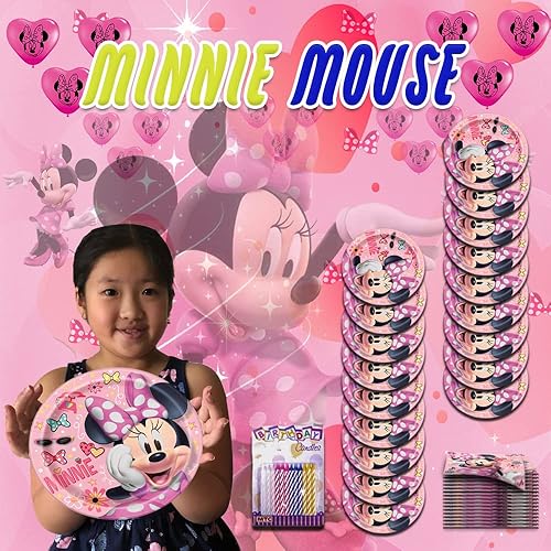 Miniatura 2 de Minnie Mouse - Platos y servilletas de feliz cumpleaños  Platos de fiesta de cumpleaños de 9 pulgadas para almuerzo sirve 16  Juego de platos de