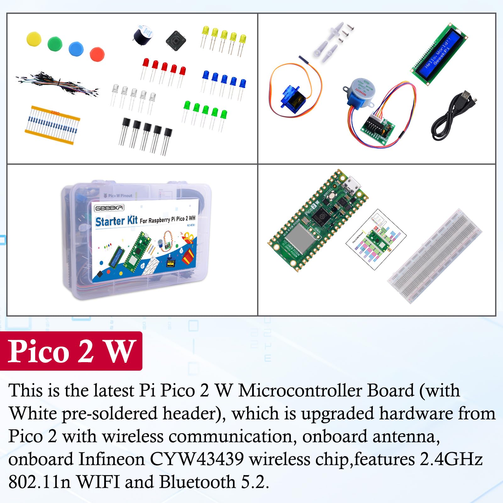 GeeekPi Raspberry Pi Pico 2 W Starter Kit - 160 Pieces, 9 Projects