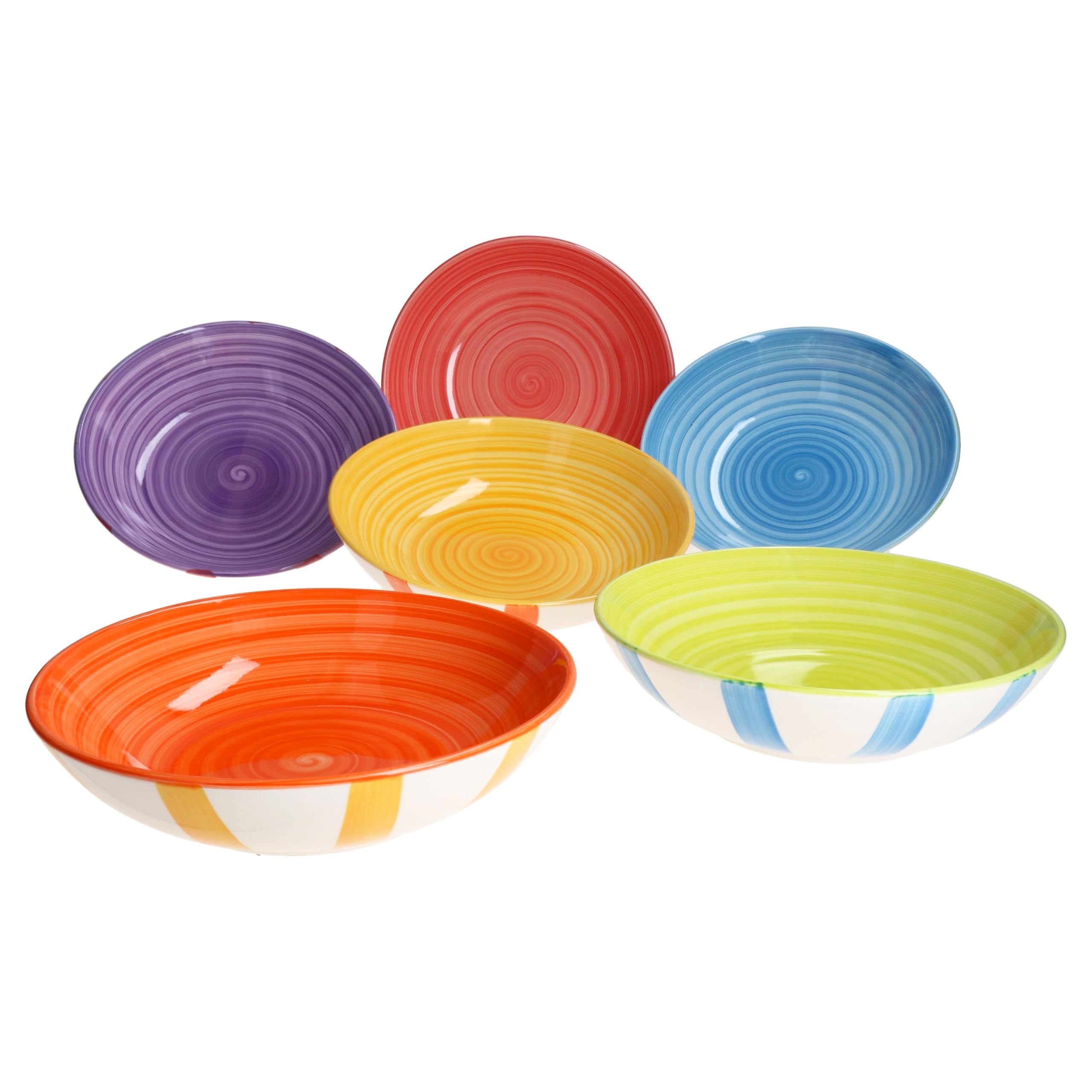 MamboCat Summer Stripes - Lot de 6 assiettes creuses - 600 ml - En faïence avec rayures colorées - Pour 6 personnes - Pour salade, soupe, céréales, pâtes, etc.