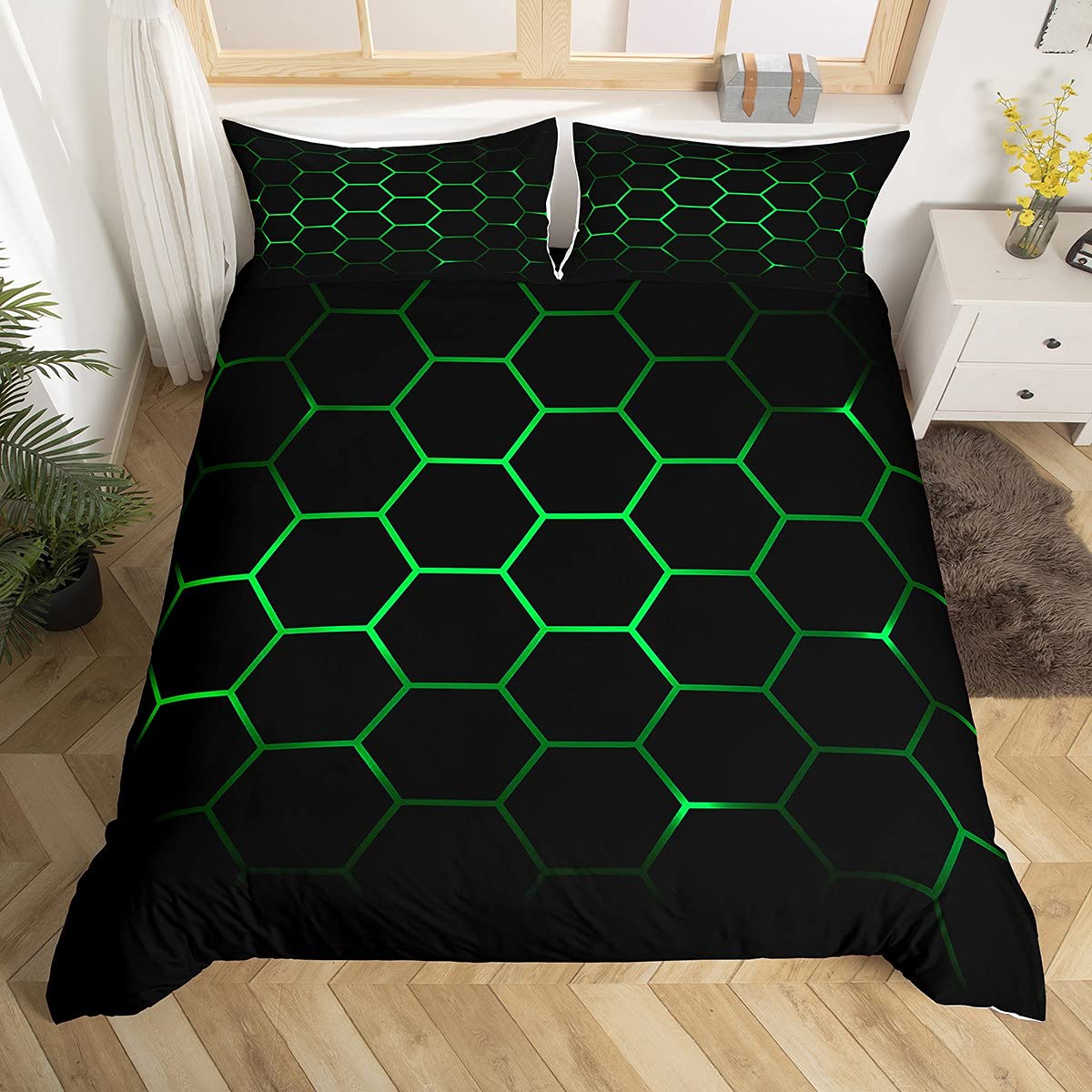 Hexagonal Bedding Set 3D Geometric Honeycomb Duvet Cover for Kids Boys Girls Beehive Hexagon Comforter Cover Neon Green Black Bedding & Linen 3Pcs King