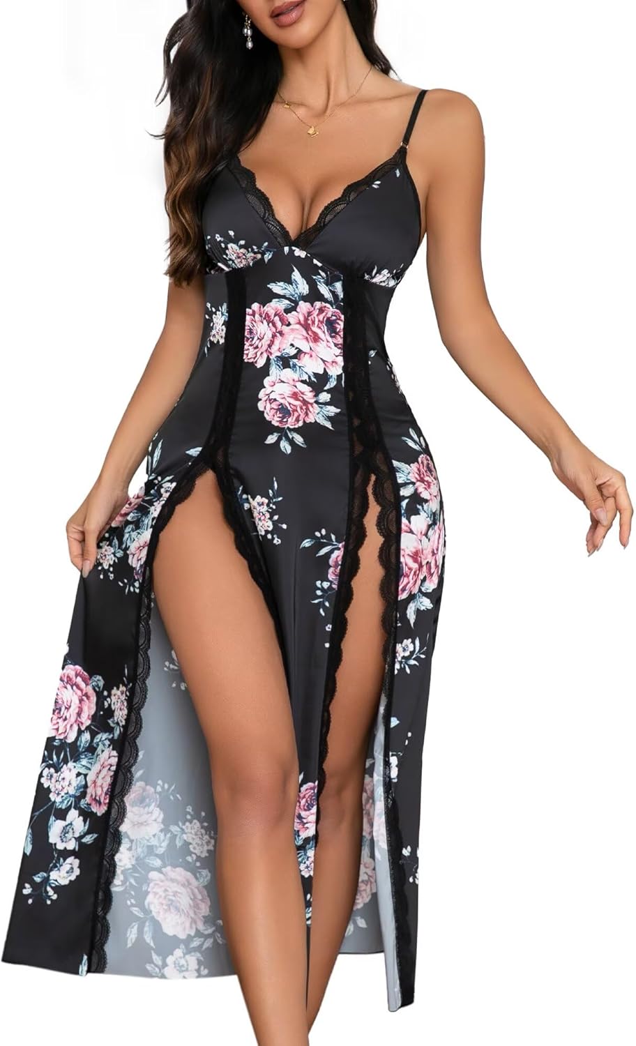 Lingerie Dress for Women V Neck Long Sexy Nightgowns for Women Side Split Sexy Night Gowns