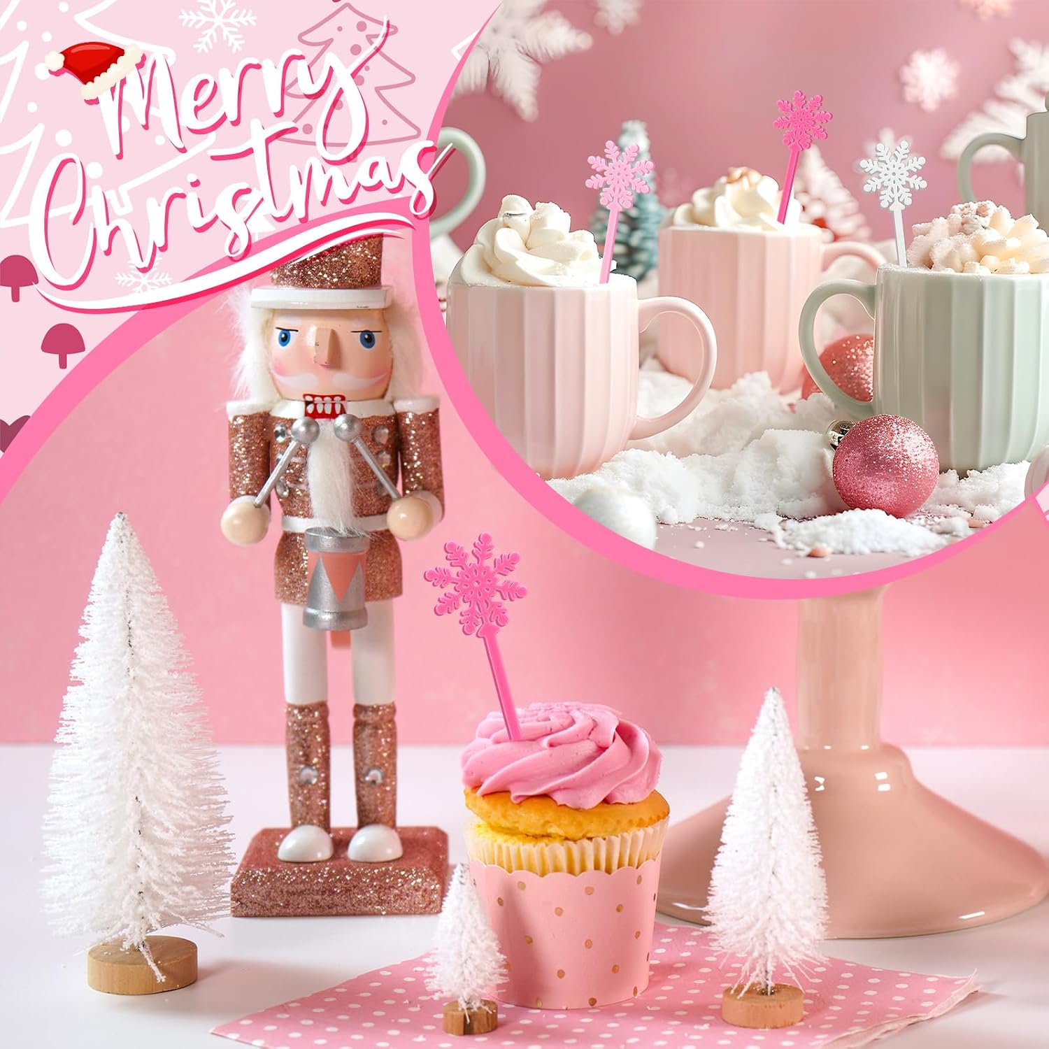 FYSUIMU 48Pcs Snowflake Coffee Stirrers Pink White Snowflake Cocktail Stir Sticks Winter Plastic Drink Swizzle Stick for Hot Chocolate Bar Supplies Xmas Home Party Decor