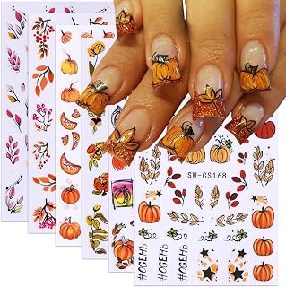 6 Sheets Fall Nail Art Stickers Thanksgiving Nail Decals Self-Adhesive Maple Leaf Pumpkin Nail Design Sticker Autumn Maple Leaves Nail Sticker for Nail Art DIY Holiday Manicure Decoration Supplies