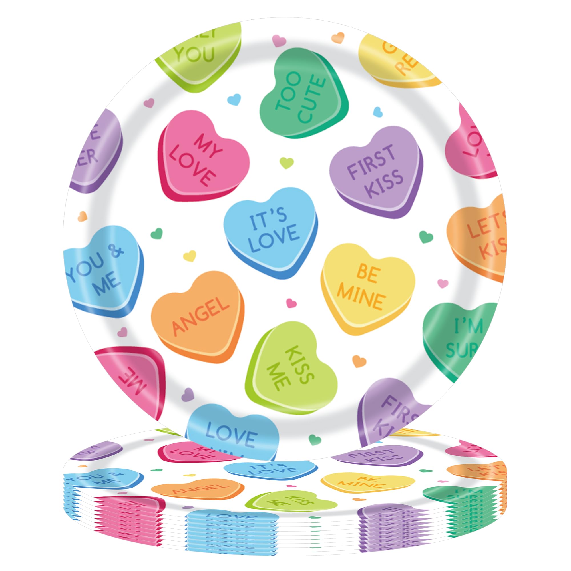 Photken 48 Pieces Valentine’s Day Paper Plates – 7 Inch Candy Heart Design Round Disposable Dessert Plates for Valentine’s Parties, Weddings, Anniversaries, and Romantic Dinners