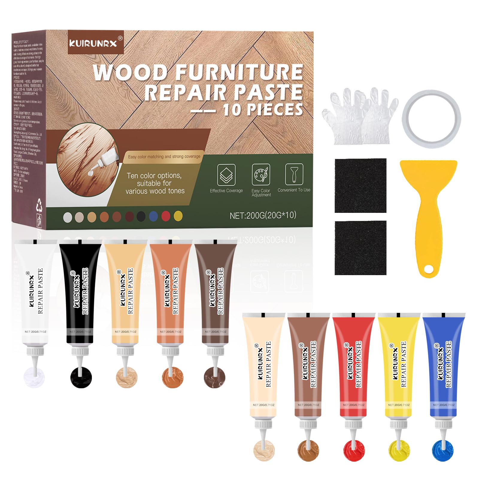 Kit de Reparación de Laminado, Cera Dura Rellena de Madera, Suelos de Vinilo, Reparación Grietas, Arañazos, Agujeros, Decoloración Superficies de Muebles de Madera (10 colores)