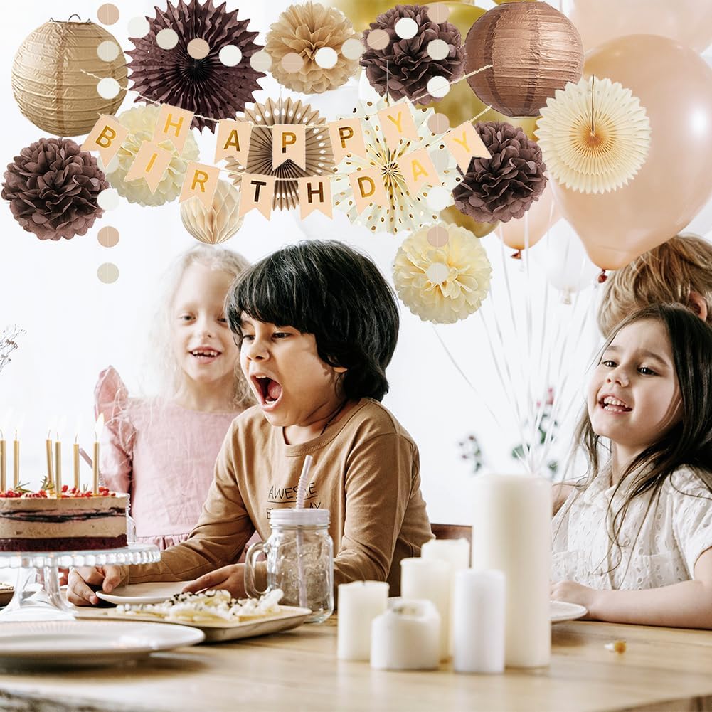 Rustic Brown Birthday Decorations Women Men Champagne Gold Boho Vintage Brown Birthday Party Decorations Girl Boy Neutral Beige Paper Fan Honeycomb Lanterns Cream Poms Kit with Retro Banner Beige Gold