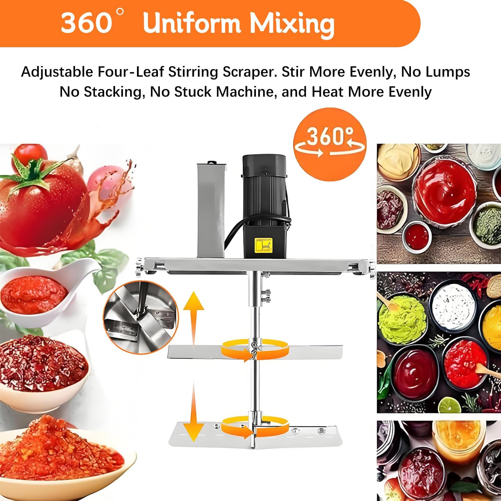 Mezclador de alimentos comercial, agitador automático con velocidad ajustable y cuchilla raspadora para salsas, mermeladas, chile y salsas de carne, perfecto para lotes de 30 L a 60 L