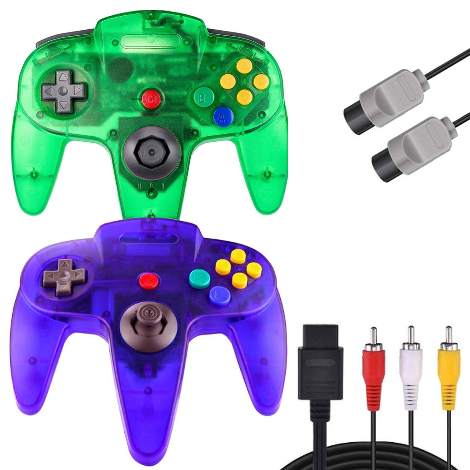 N64 Controller, PGYFDAL 2 Pack Classic Wired N64 Gamepad Upgraded Joystick with 1 Root 5.9FT N64 AV Cable (Transparent Blue and Transparent Green)
