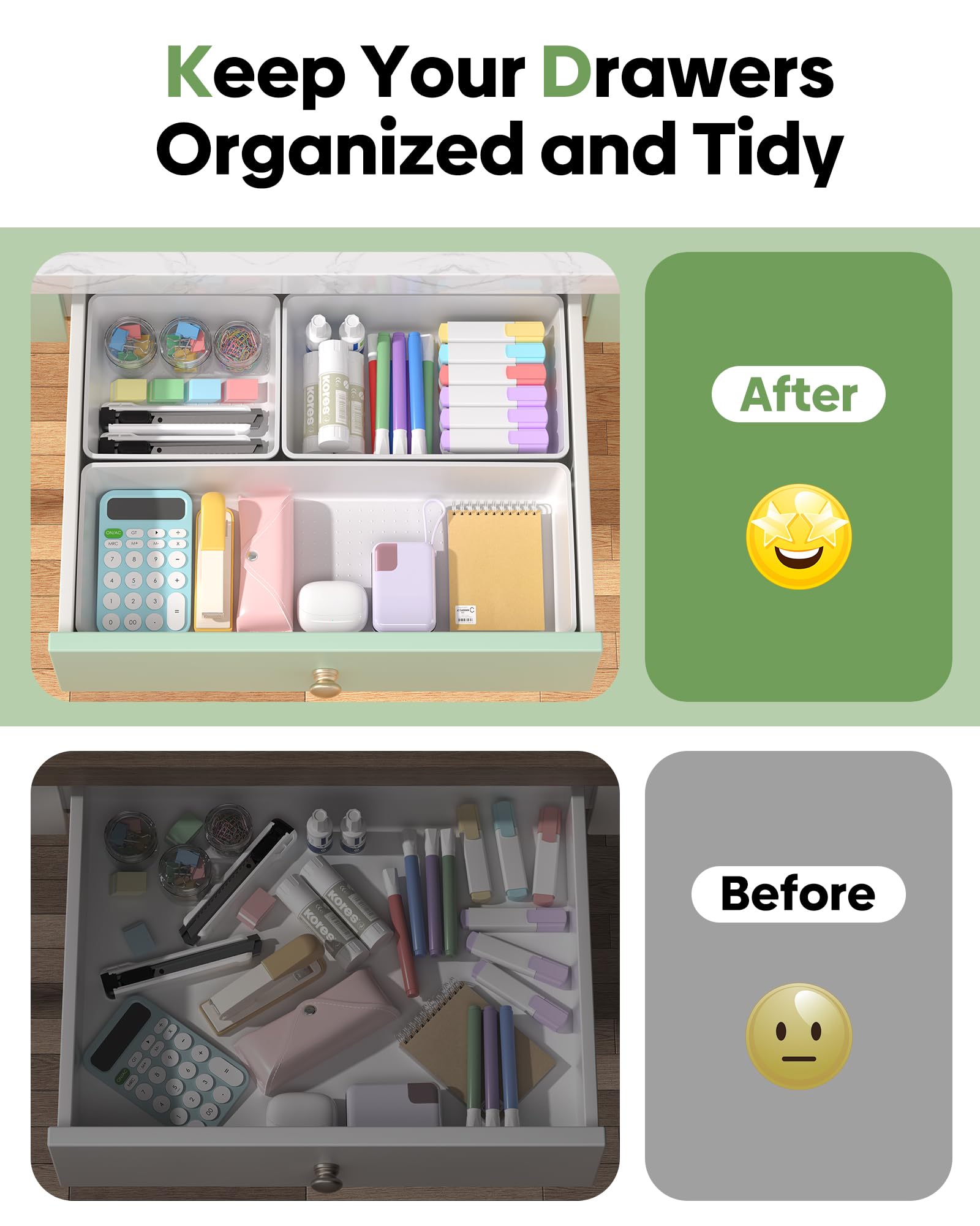 Set di 10 organizer per cassetti di grandi dimensioni, in plastica, 3 misure, per scrivania, cassetti, contenitori per vanità, trucco, bagno, utensili da cucina e ufficio (bianco)