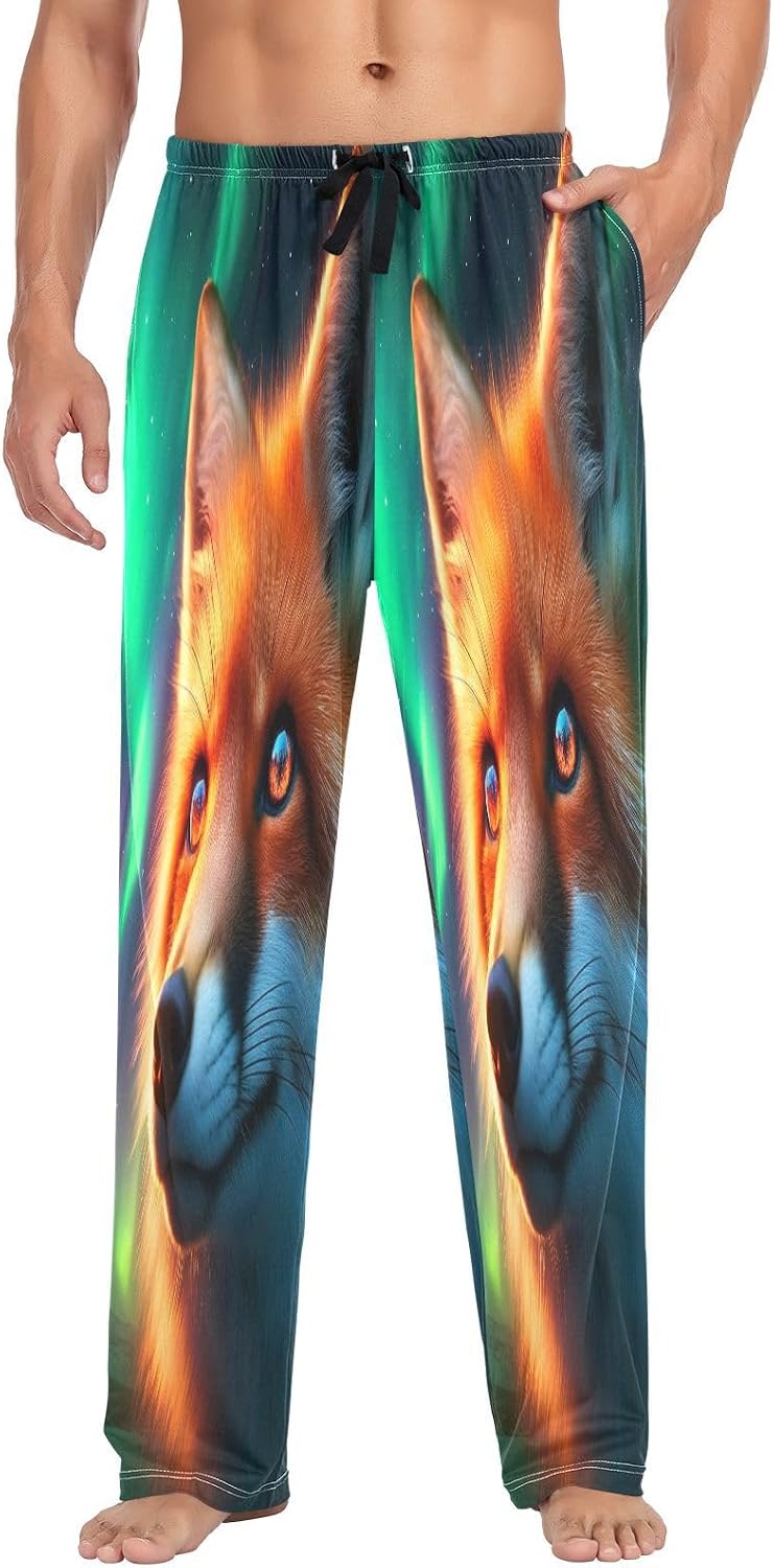 ALAZA Fox Close Up Northern Lights Men's Pajama Pants Men Cotton Pajama Bottoms with Pockets, S