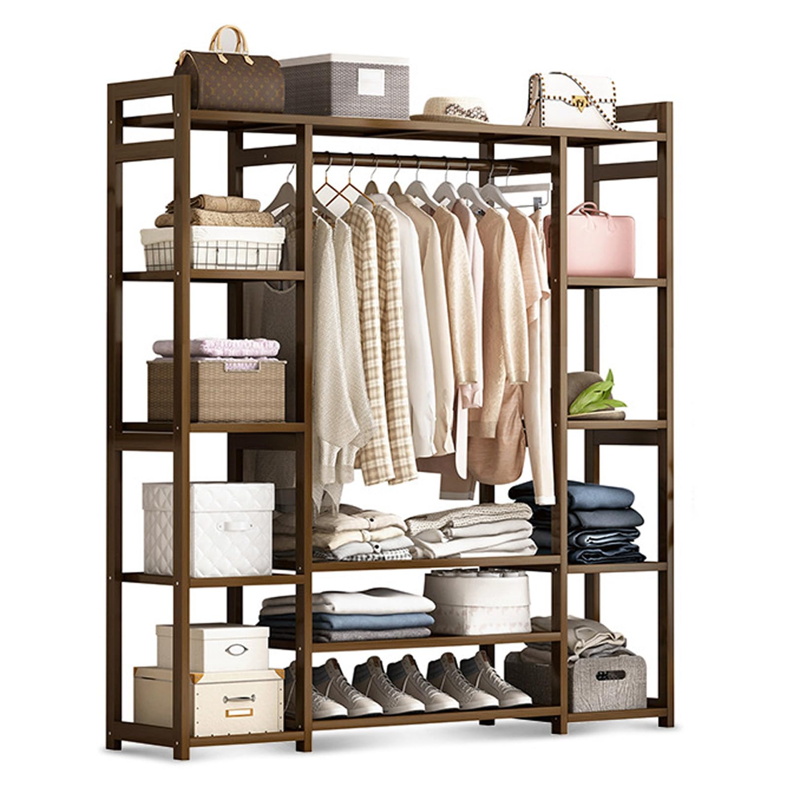 Pnpaea Bamboo Clothes Rail, Garment Rack with Storage Shelves Back and Tidy Rail, Open Wardrobe Closet, Clothing Rack for Bedroom Hallway C(130mm)