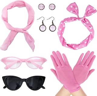 7 Pcs 50's Women Costume Accessories Set for Girls | Cat Eye Glasses, Scarf Bandana, Headband, Drop Dot Earrings, Gloves, For Halloween Party