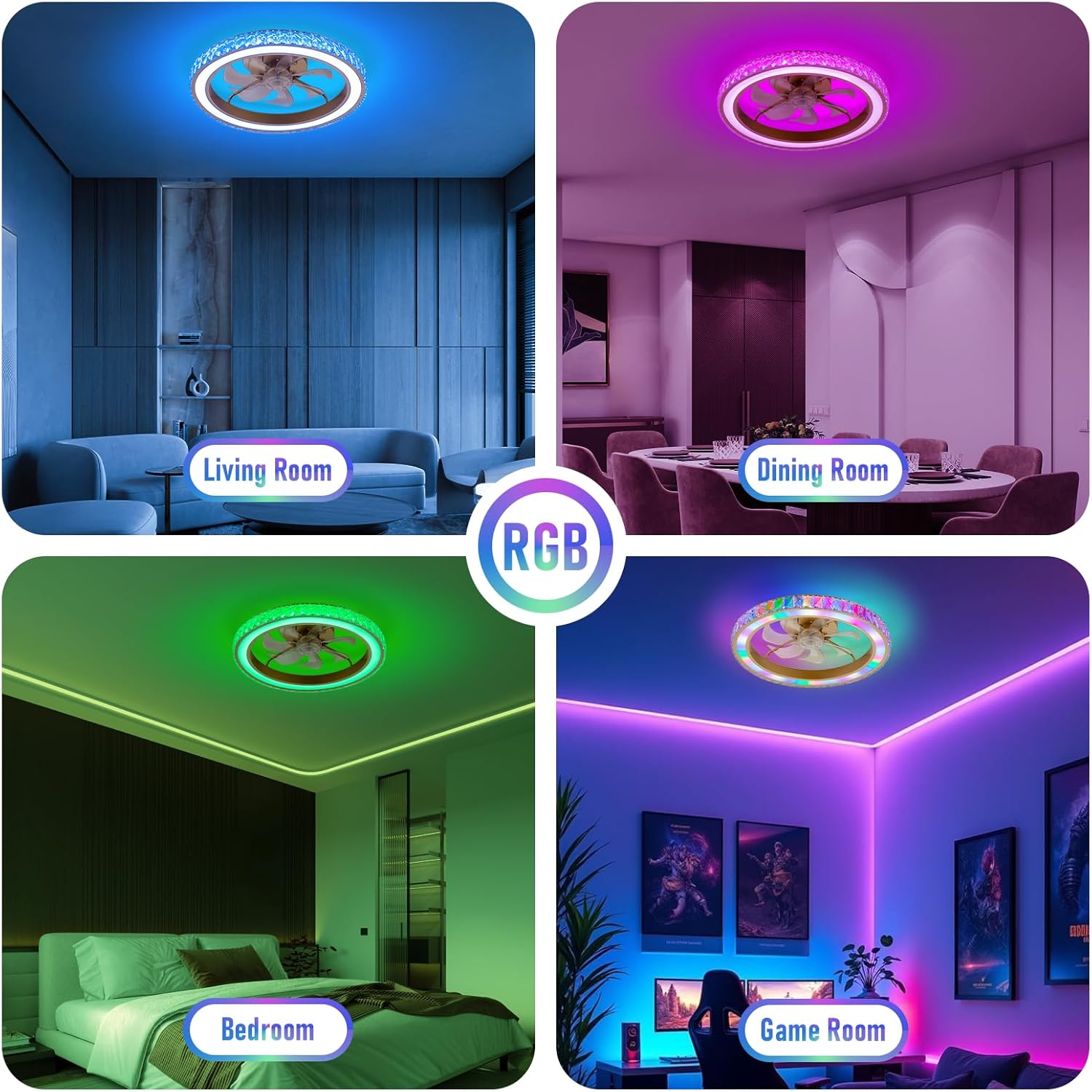 RGB Ceiling Fans with Lights, 22" Low Profile Ceiling Fan with Light for Bedroom,Smart Bladeless LED Fan Light,Gold Modern Chandelier Crystal Ceiling Fan Light with Remote/APP Control