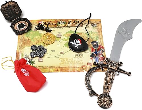Juego de accesorios de disfraz de pirata para niños, accesorios de juego de rol para fiestas infantiles (espada de plástico, monedas de pirata,